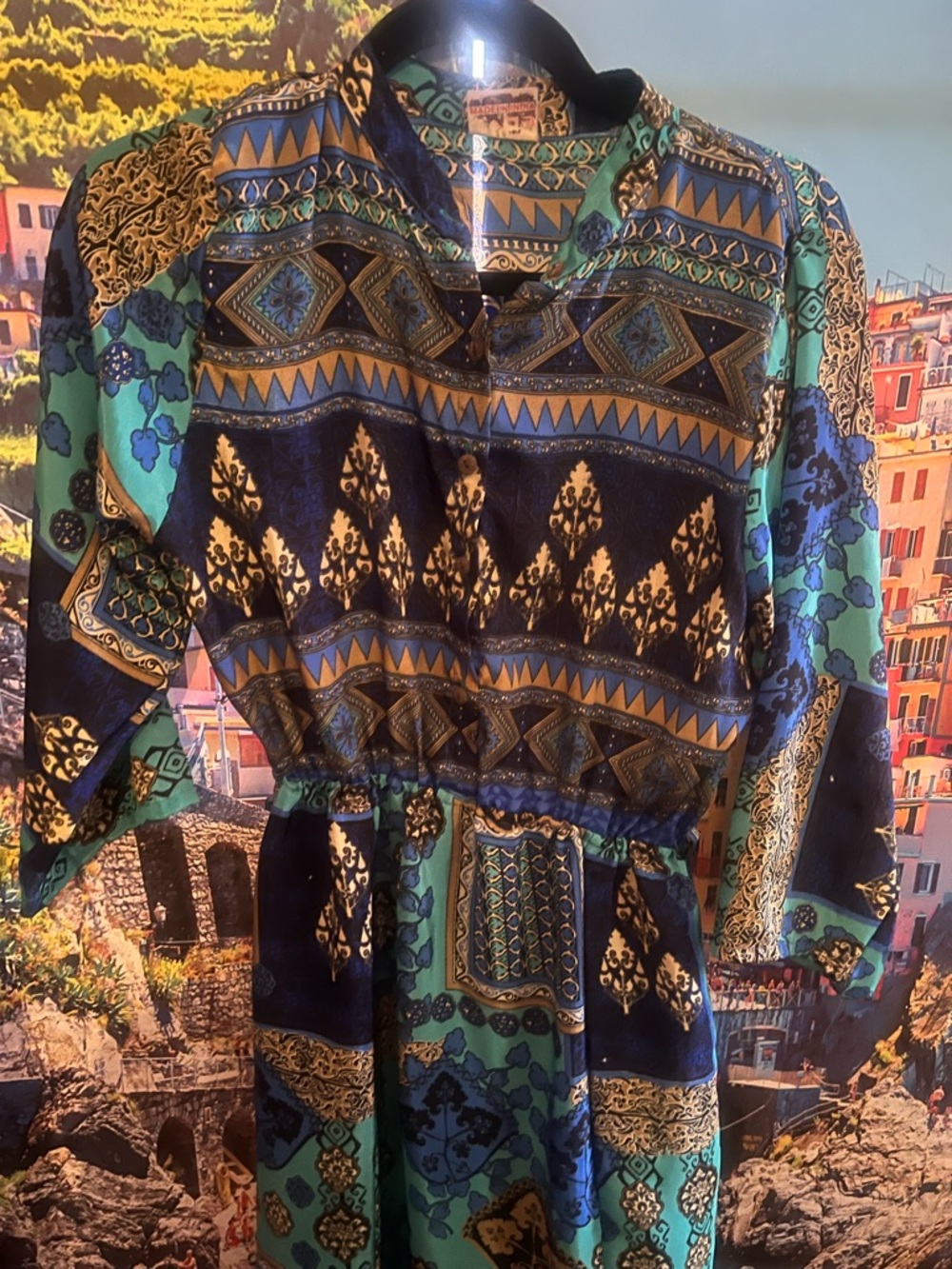 Long Sleeve Patchwork Maxi Dress - Teal & Navy